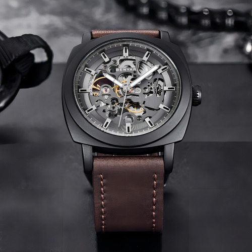 Benyar Hombres Ahuecan Los Relojes Mecánicos De Cuero Color Del Fondo Black/gray