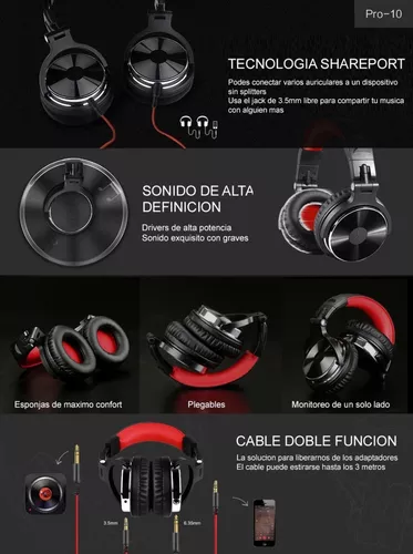 Oneodio Pro10 Black Red Auricular Dj Con Cable Djay Deejay