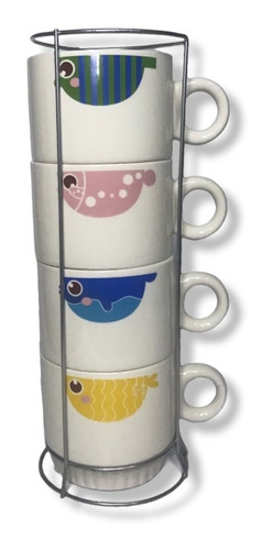 Set Tazas Cafe Apilables Te Base Metal Diseños 