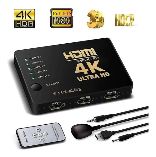 Switch Hdmi Adaptador Hub 5x1 Splitter 4k C/ Controle Kit02