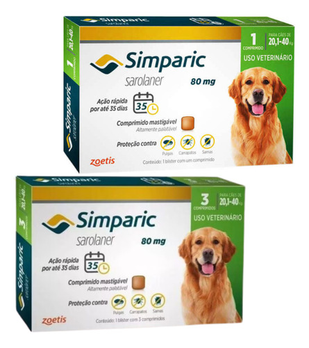 Antipulgas Para Cães Simparic 80mg 20,1-40kg 4 Comprimidos