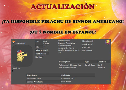 Imagen 3 de 6 de Pikachu Gorra De Ash / Sinnoh - Evento - Pokémon Sol Luna