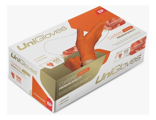 Luvas descartáveis antiderrapantes UniGloves Conforto cor laranja tamanho  G de látex x 100 unidades 