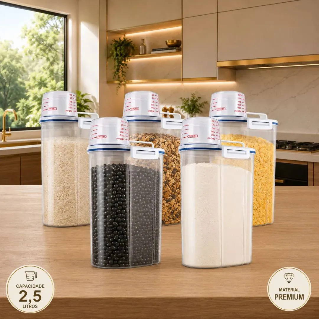 Conjunto 5 Potes Herméticos 2,5 Litros Multiuso Dispenser De Armazenamento De Grãos Cereais Ração Porta Sabão Porta Ração Com Copo Medidor E Bico Dosador Com Travas Drop Shopy