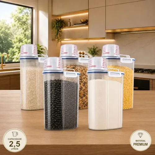 Pack 5 Potes Herméticos de 2.5 Litros para Cereais com Copo Medidor e Bico Dosador