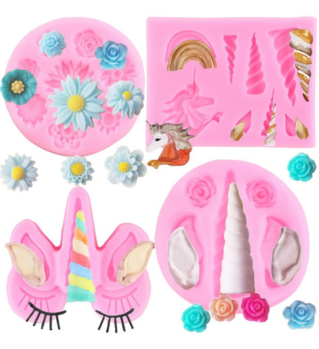 4pcs Molde Silicona Unicornio Flor Margarita Fondant Resina