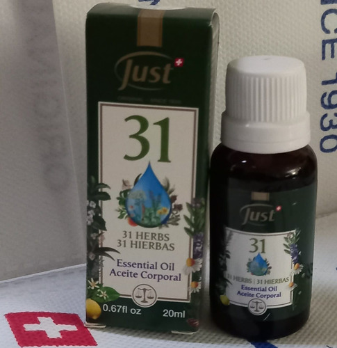 ÓLEO 31 Swiss Just . Compuesto por una combinacion de 31 aceites esenciales 100% puros. Refresca y revitaliza, alivia el dolor de cabeza y minimiza la tensión acumulada en músculos y articulaciones.