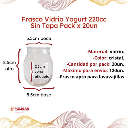Frasco De Vidrio Yogurt 220cc Sin Tapa Pack X 20un Cristal