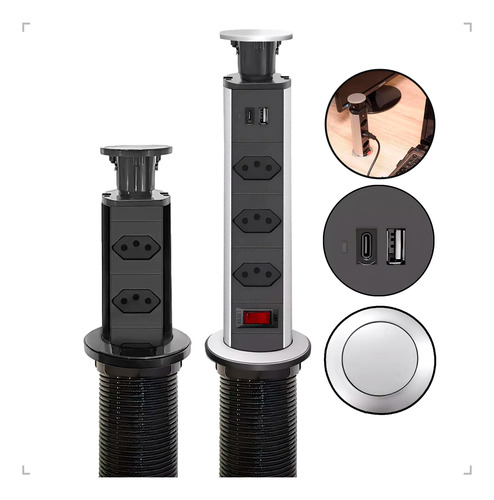 Torre Tomada Embutir Bancada 3tomada Retrátil Usb Tipo C E A