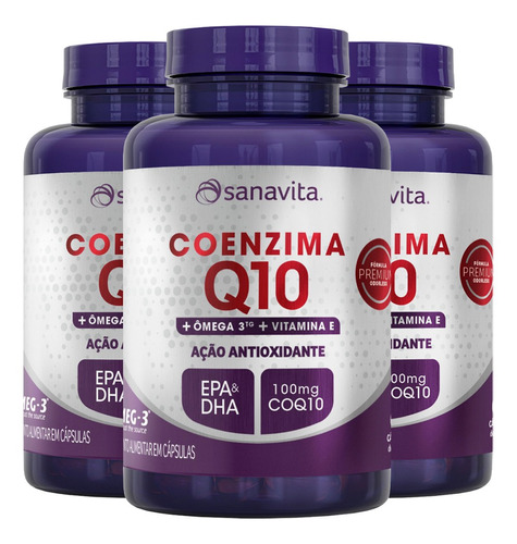 Kit 3 Coenzima Q10 + Ômega 3 Sanavita 60 Cápsulas. Sabor Sem Sabor