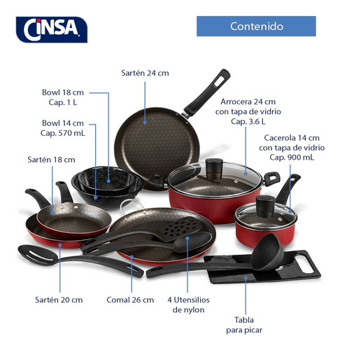 Batería Equipa Tu Cocina Cinsa Esencial De 15 Piezas Rojo