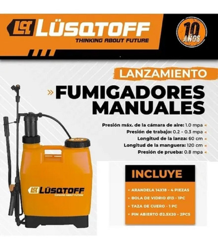 Imagen 2 de 3 de Fumigador Pulverizador Lusqtoff F20l-8 Mochila Manual 20l