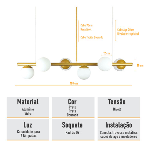 Lustre Moderno Linear Jabuticaba 6 Globos Vidro + Lâmpadas Estrutura Dourado 110v/220v Trybo Design 6-2620