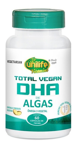 Cápsulas Unilife Total Vegan Omega-3 de algas marinas DHA 60 cápsulas sin sabor