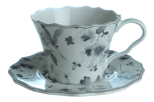 Taza De Te Con Plato Porcelana Set X 6 Diseño Ingles Gris