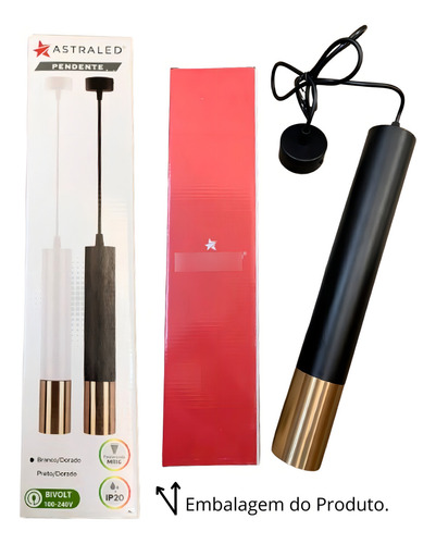 Pendente Cabeceira Piazzi Tubo Preto E Dourado 40cm Pt-9115 127/220v