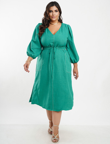 Vestido Midi Linho Poliéster Com Pesponto Verde Dona Charme