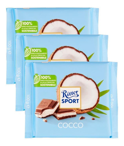 Kit 3 Barra De Chocolate Ritter Sport Sabor Coconut 100g