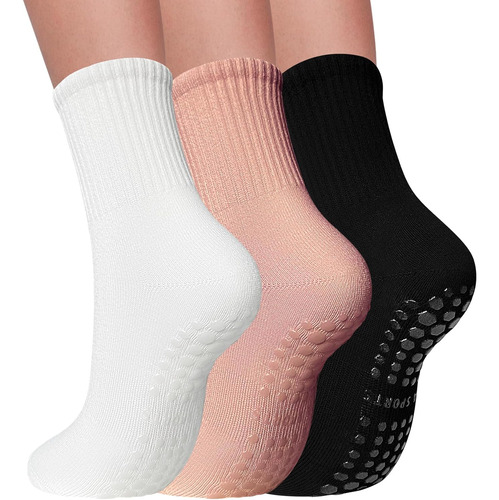 Calcetines De Pilates Con Empuñaduras, 3 Pares, Blancos, Neg
