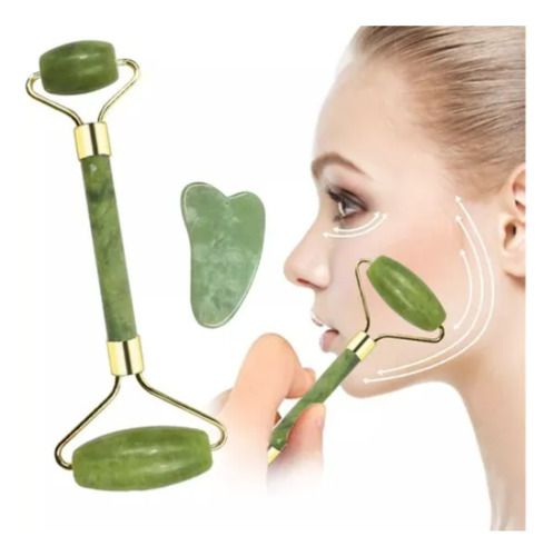 Rodillo Masajeador Facial Jade+piedra Gua Sha Verde Natural