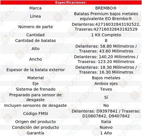 Balatas Bajos Metales Del + Tras Mini Cooper 02 Al 08 Brembo