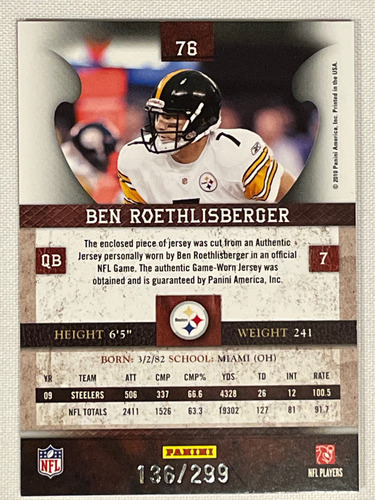 Big Ben Roethlisberger Game Used Jersey Card Panini 136/299 (Usado)