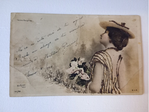 Tarjeta Postal Antigua 1904 Fotografía Mujer Con Flores
