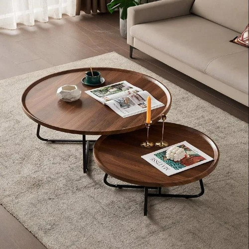Juego Mesa De Centro Redonda Doble Madera Color Marron