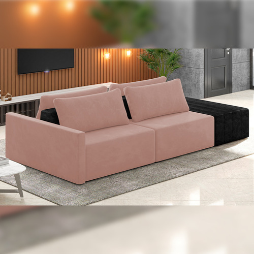 Sofá Ilha Modular Para Sala 252cm com Puff Dublin K01 Veludo Rosê e Sintético Preto