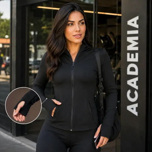 Jaqueta Dry Fitness Feminina Roupa Academia Bolso Capuz Leve Preto P