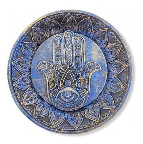 Incensário Prato Mão Hamsa Azul 12 Cm Em Resina