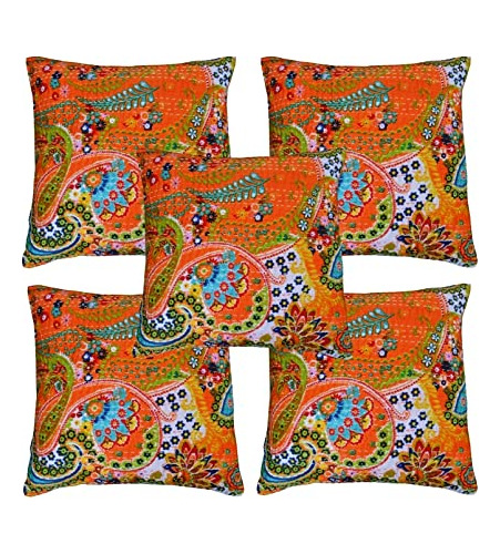 Vedant Designs Funda Almohada Kantha Hecha Mano Estampado X