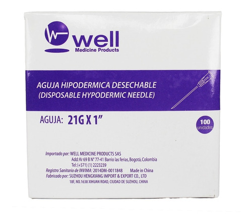 Aguja HiPodérmica 21g X 1  - Caja X 100 Unidades - Well 