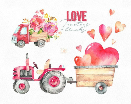 Clipart Tractor Amor San Valentin Acuarela 1