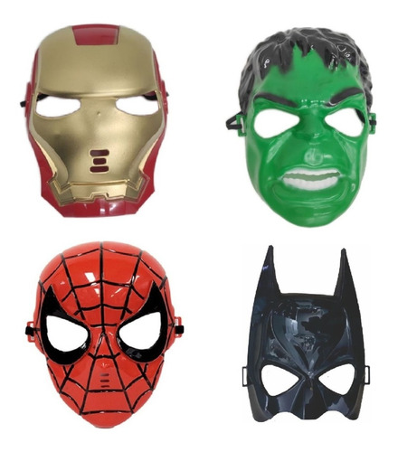 Kit 4 Máscaras Homem De Ferro + Homem Aranha + Hulk + Batman Cor Dourado/Verde/Vermelho/Preto