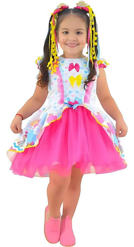 Vestido Festa Junina Infantil - Várias Cores + 2 Laço Cabelo