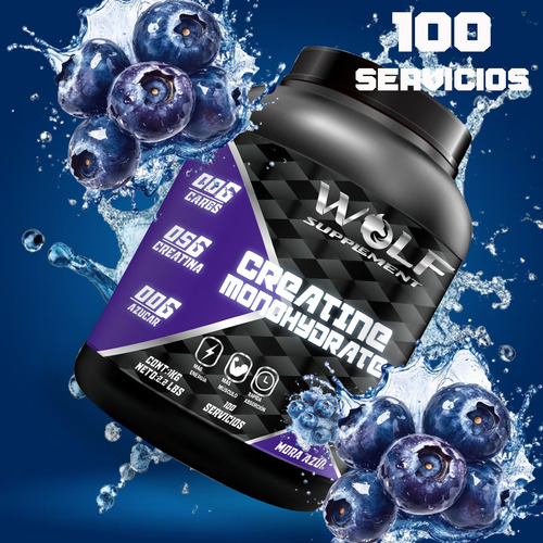 Suplemento Creatina Monohidratada Wolf 1 Kg 100 Servicios Mora Azul