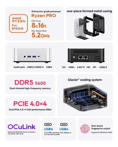 Aoostar Maco Mini Pc Amd Ryzen 9 8945hs (8c/16t, Até 5,2ghz