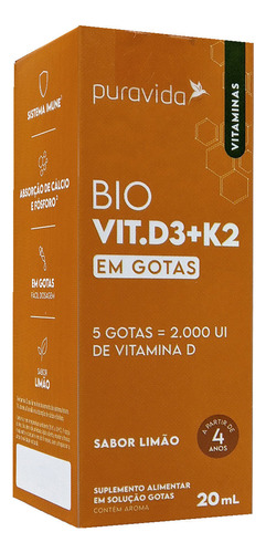 Vitamina D3 + K2 Gotas Puravida 20ml sabor limão