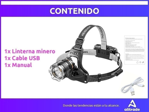 Imagen 8 de 10 de Linterna Minero Led Recargable Usb Vincha Potente 1200 Lum