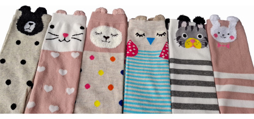 Calcetas De Algodón Para Niña De Animales Hasta La Rodilla Multicolor Rayado Puntos Único