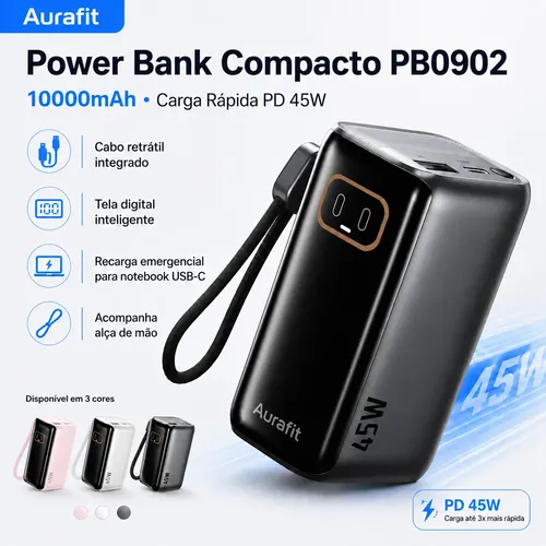 Aurafit Portátil 45w 10000mah Cabo Retrátil Power Bank | MercadoLivre