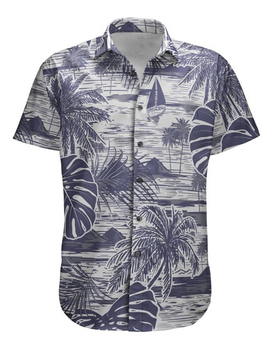 Camisa Botão Moda Praia Tropical Floral Flor Folhagem Mar 