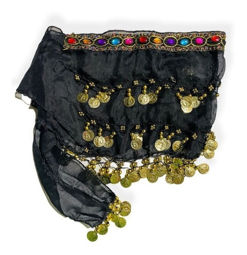 Kit Dança Do Ventre Cigana Tiara E Lenço De Moedas Com Pedra Cor Preto