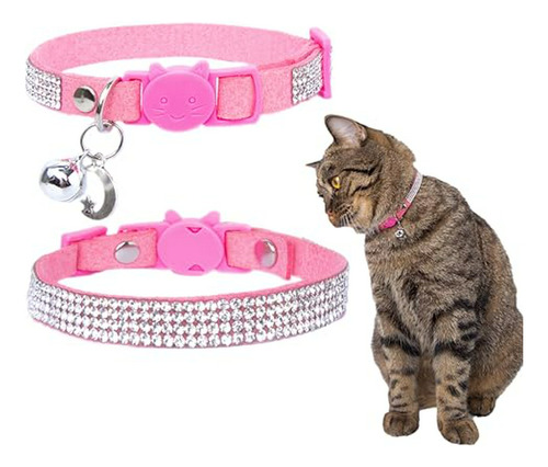 Collar Gato Brilloso Con Cascabel Ajustable, 6 -9  Rosa Pequ