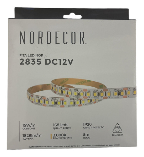 Fita De Led 15w 3000k 5m Ip20 Nordecor Dimerizavel Luz Branco-quente Tensão De Operação 12v 12v