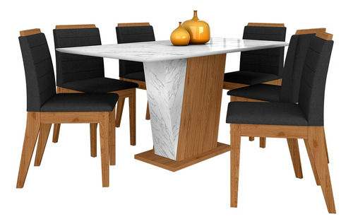 Mesa Com 6 Cadeiras Qatar 1,60 Cin/carraro Branc/preto - M.a Cor Cinamo/carrara Branco/preto 06 Desenho do tecido das cadeiras Liso