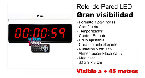 Imagen 2 de 8 de Reloj Digital De Pared Buro Led Cronometro Temporizador 32cm