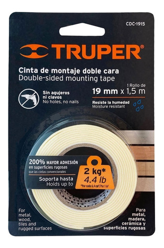 Cinta Fijacion Espuma Doble Cara 19 Mm 1.5 Mts 11724 Truper