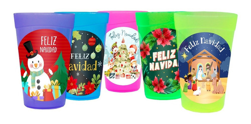 Vasos Navideños Decorados Reutilizables 10 Pz Nochebuena